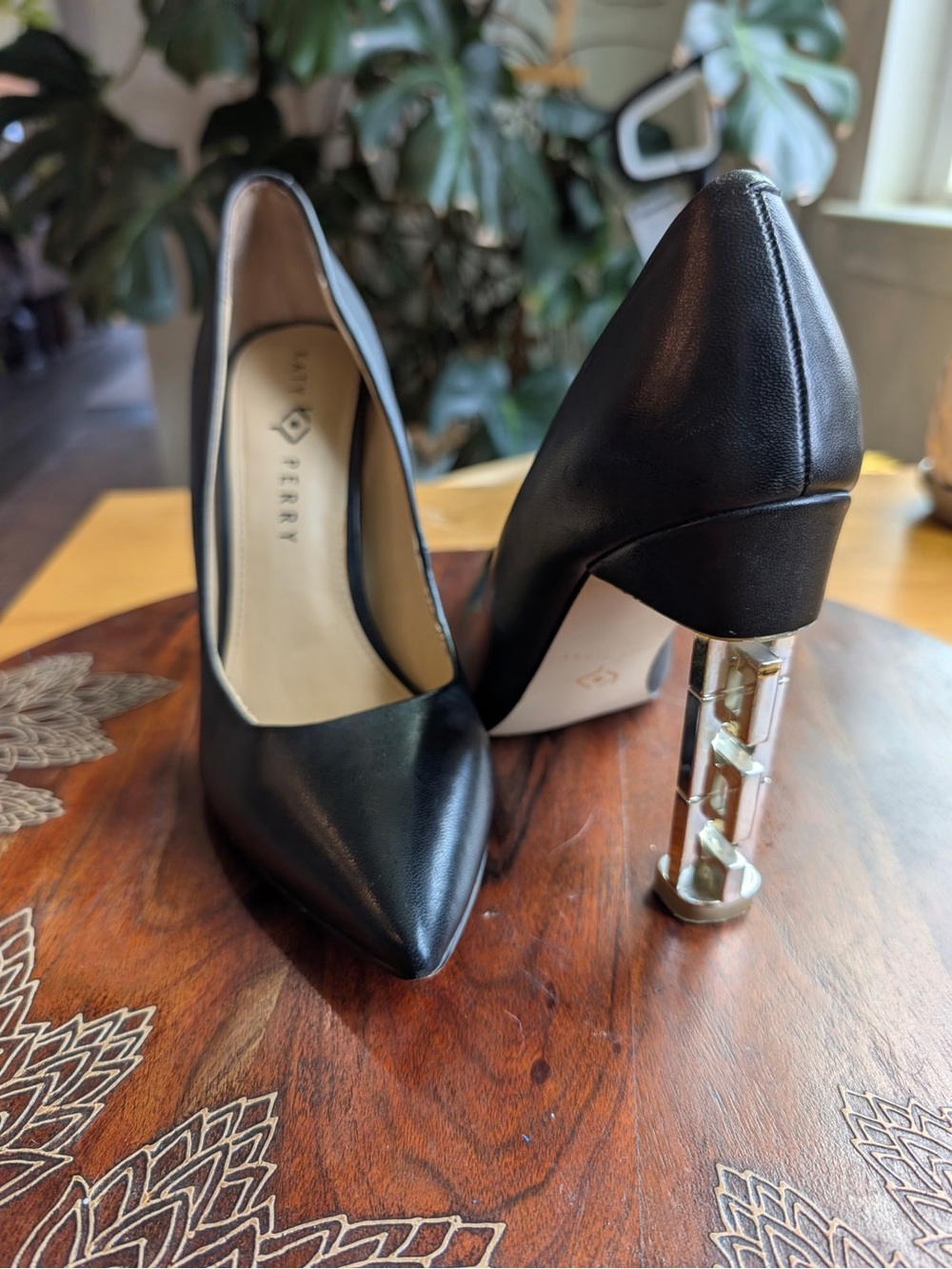 Katy Perry Collections Black Pointed Pumps with Sculptural Gold Clear Heel